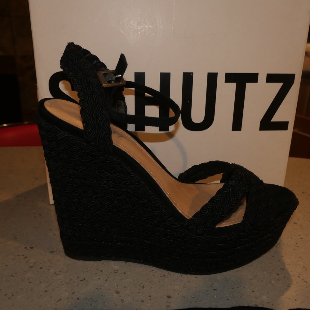 Schutz "Hinata" Platform Wedge Sandals Black Braided Fabric Size 9.5  NIB